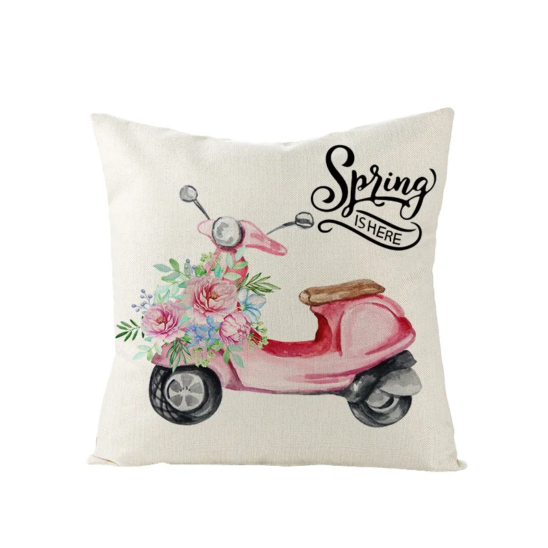 Throw Pillow Cover Cushion Covers Pillow Case Pillow Covers Cushion Cover Nordic Style 45x45cm Square Linen Pink Flower Bicycle Printed