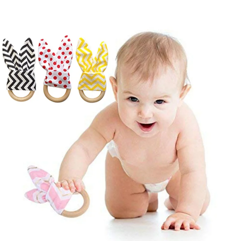 

Cute Baby Teether With Two Ears Handheld Baby Teether Hanging-type Home Wood Ring Baby Teeth Exercise Toy