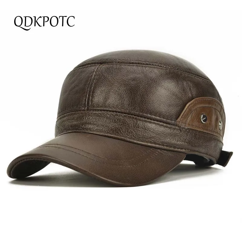 

QDKPOTC New Men Genuine Leather Baseball Caps Middle And Old Aged Autumn Winter Outdoor Warm Hat Simple Cozy Cowhide Flat Cap