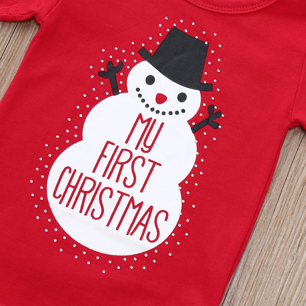 Рождественский комплект одежды для малыша из 2 предметов, комбинезон с короткими рукавами и надписью с изображением снеговика+ шапочка, комплект одежды «my first Christmas jurk»