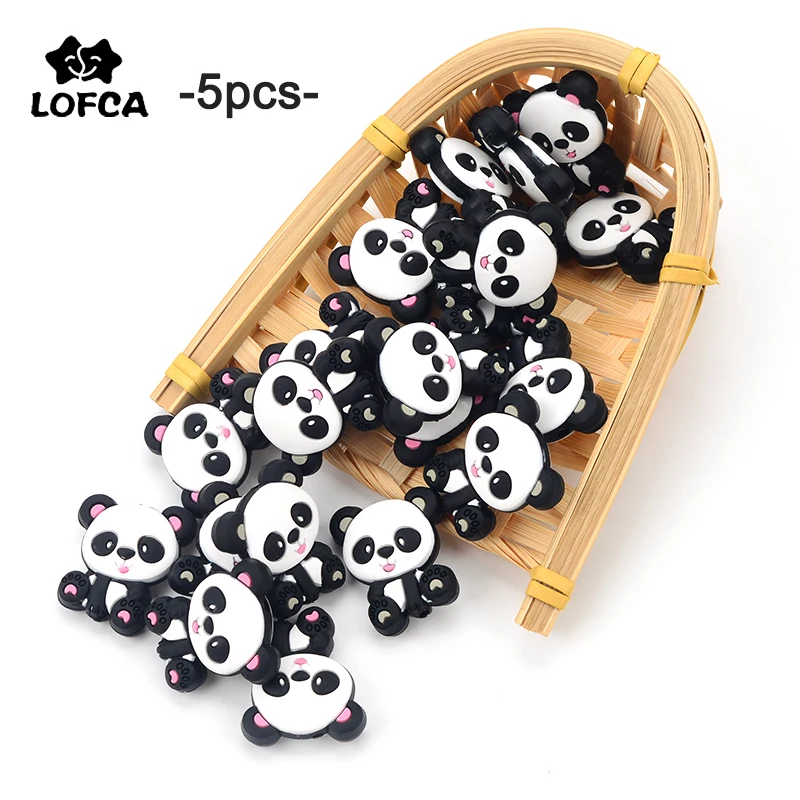 LOFCA 5pcs Panda Silicone Teether BPA Free Food Grade Baby Animal silicone teething Beads Toys Baby Care Pacifier Chain Gift DIY wholesale silicone baby pacifier chain bpa free hand held baby silicone teether toys portable baby teether chain