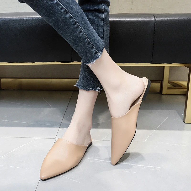 

Leather Mules Slippers Female Pop Women Slippers Mules Nice Low Heels Shoe Pointed Toe Elegant Woman Slipper Casual Shoes