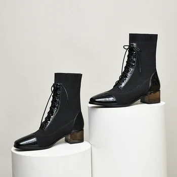 

Female Genuine Leather Motorcycle Boots New Night Club Shoes Woman Autumn lace up Punk Women Warm Ankle Boots