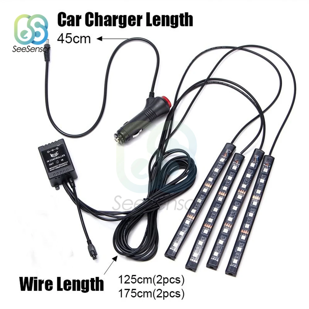 12V автомобиль RGB Светодиодные ленты света 7 цветов декоративный дизайн автомобиля Атмосфера лампы автомобиля внутренний свет с пультом дистанционного управления Управление