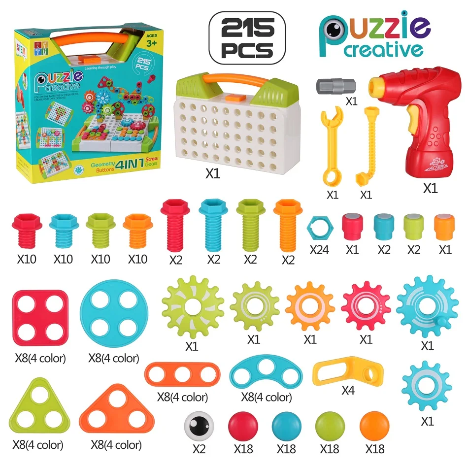 Placa de Peg para Crianças Blocos de Engrenagens Brinquedos Broca Construção Brinquedo Cogumelo Prego Botão Arte 2in1 Kit Haste Menino Dom Educacional 17 ??7