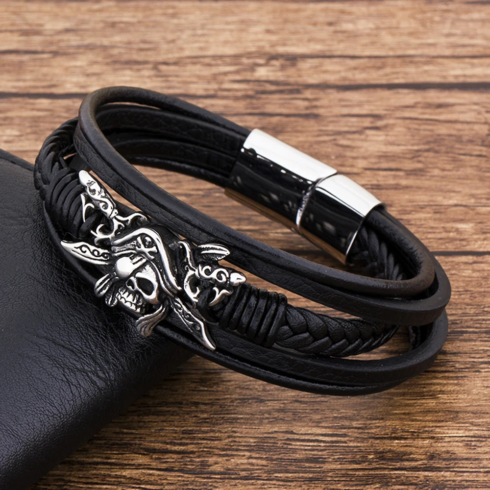 Charm Stainless Steel Jewelry Pirate Braided Black Handmade Genuine Leather Bracelets For Men Magnetic Rope Accessories