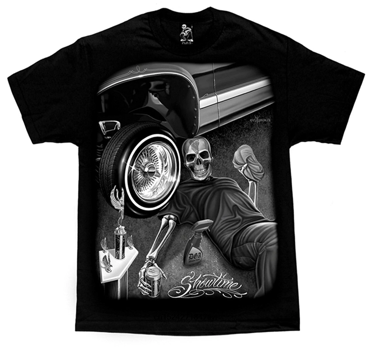 Давид Гонсалес для мужчин's Showtime Super Car Show Lowrider Skull футболка Chicano DGA Art |