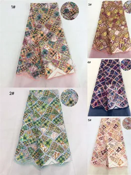

5 Yards High Quality African Dreamy Sequin Mesh French Embroidery Net Colth Fabric DIY For Wedding Party Stage Dress Cheongsam