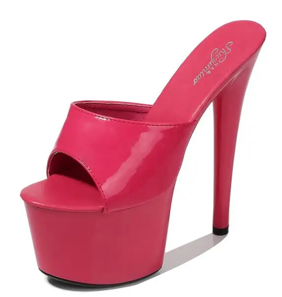 Размеры 34-43; новые летние шлепанцы; разноцветная пикантная женская обувь из лакированной кожи на очень высоком каблуке 17 см и платформе - Цвет: Розово-красный