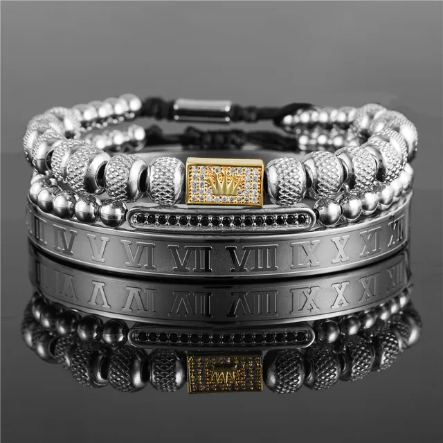 Luxury Mens Stainless Steel Crown Bracelet Set in Black – Heluix