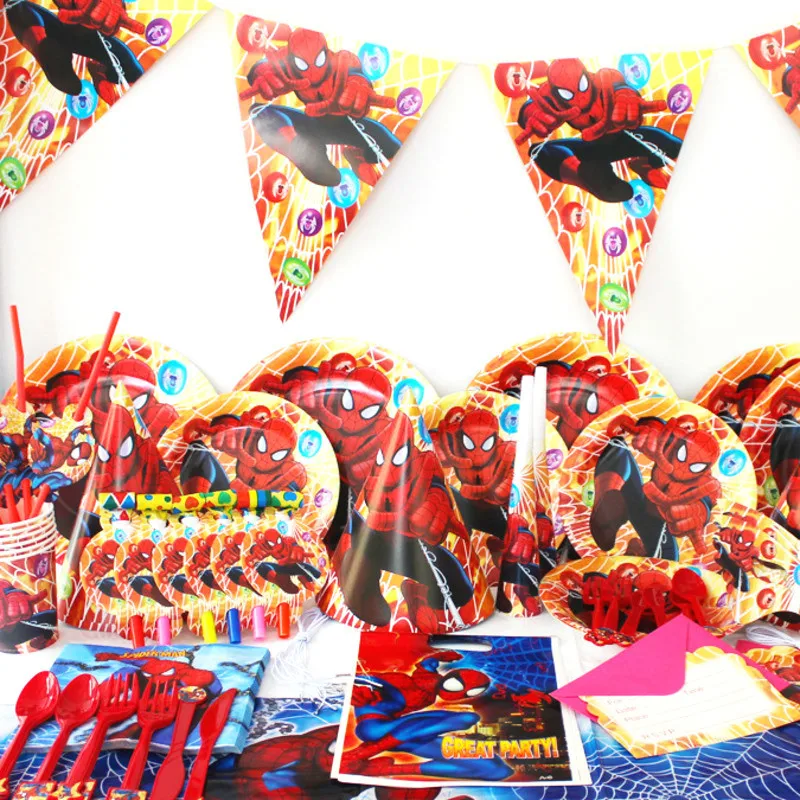 

New Paper Straws Plates Cup Napkin Baloon Cake Tool Tableware Set Baby Shower Spiderman Theme Birthday Party Decoration Supplies