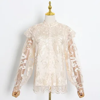 

VGH Perspective Print Blouse For Women Stand Collar Long Sleeve Patchwork Elegant Loose Blouses Female 2020 Fashion New Clothing