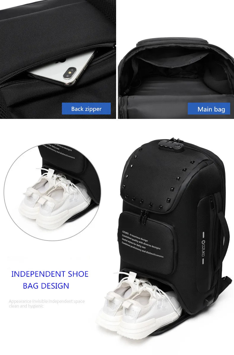 Ozuko multifuncional mochila homem anti-roubo à prova