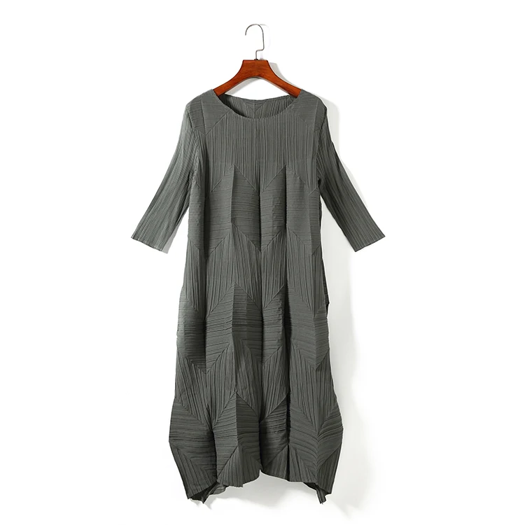 Gray Changpleat осенние новые женские платья Miyak плиссированные Модные Дизайнерские однотонные с круглым вырезом 3/4 рукав Свободные Большие размеры женское платье - Цвет: Gray