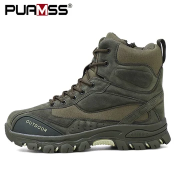 2019 New Men Boots Ankle Rubber Military Combat Boots Men Sneakers Casual Shoes Outdoor Work Safety Boots tanie i dobre opinie PUAMSS Work Safety Synthetic Lace-Up Fits true to size take your normal size Round Toe patchwork Sewing Cotton Fabric