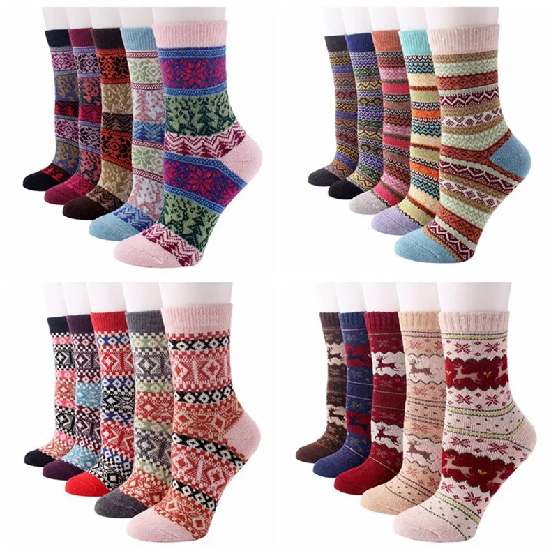 Носки женские зимние женские винтажные зимние мягкие теплые толстые вязаные шерстяные носки удобные носки с геометрическим принтом 5 пар