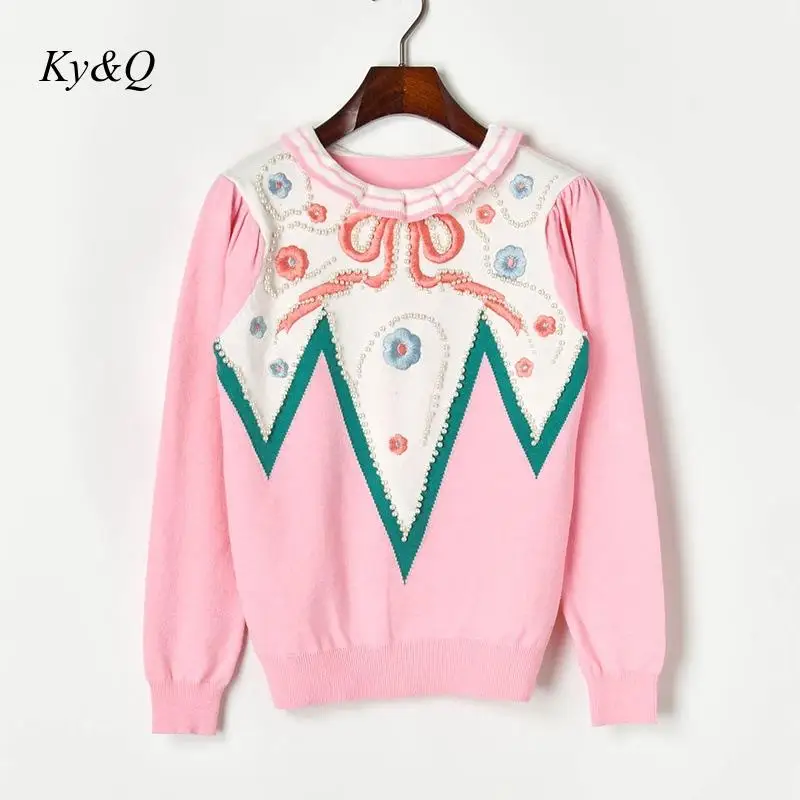 

Brands 2019 Winter New Embroidered Flowers Beaded Pearl Puff Sleeves Knit Pullover Sweater Women Sweater Pink Flower Casual