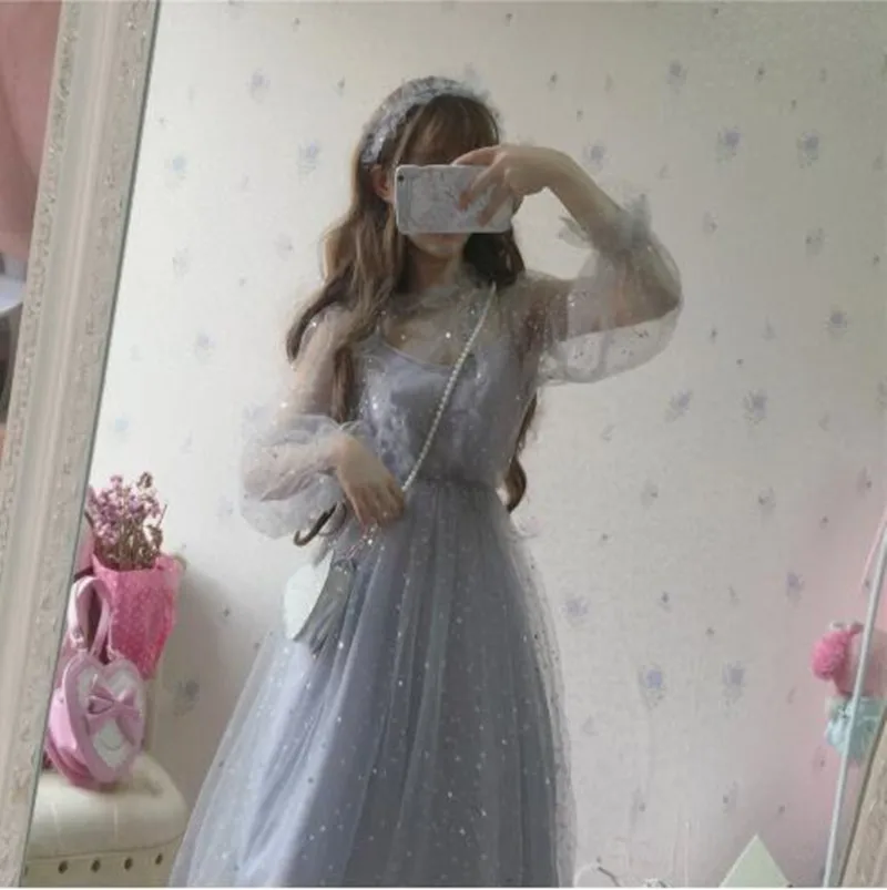 

Kawaii girl gothic lolita op loli cos Sweet lolita dress fairy wedding dress stars gray blue mesh princess victorian dress