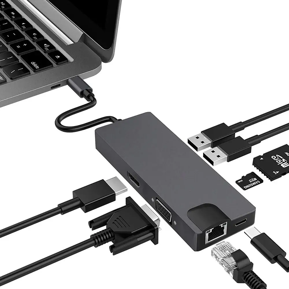 8 в 1 USB C концентратор адаптер type-c адаптер USB C к HDMI VGA USB 3,0*2 концентратор кардридер док-станция с гигабитной сетевой картой