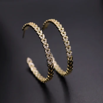 

Charm Gold Color Luxury Leaf Big Round Hoop Earrings Cubic Zirconia Stone Circle Woman Earings Fashion Party Jewelry Girls Gifts