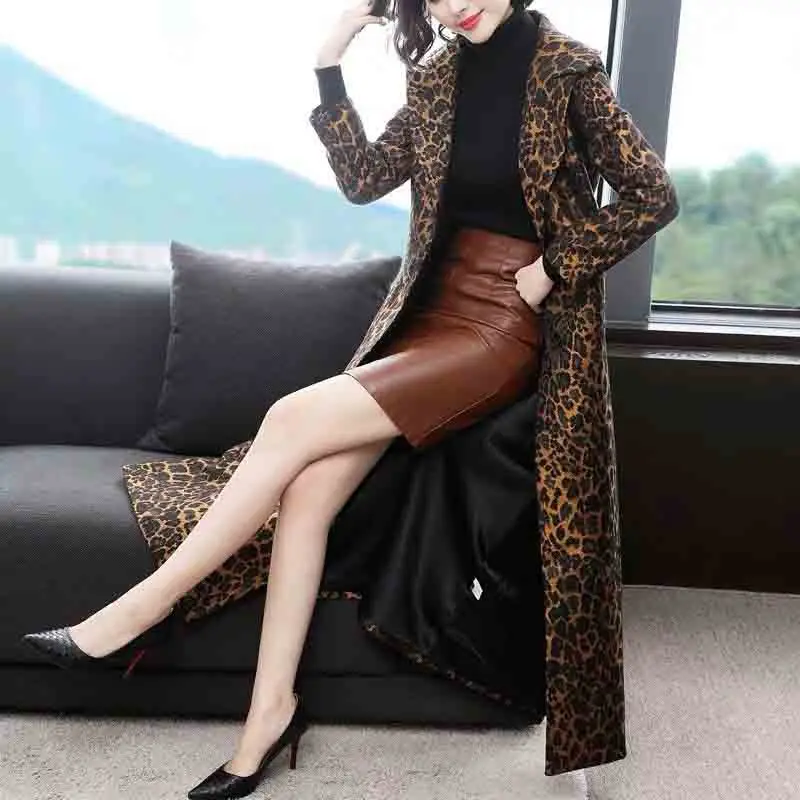

Women's trench coat leopard coat women 2023 Trench coat autumn and winter new fashion over the knee long Women trench coat JK60