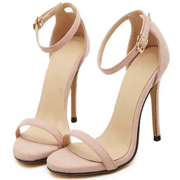 

12cm high heel sandals one-character buckle suede breathable women's shoes beige pink temperament princess shoes Black