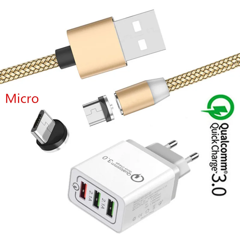 QC 3,0 быстрое зарядное устройство и магнитный Micro USB кабель для зарядки для samsung htc Desire 12s One X10 Honor 8X 7A Redmi 6a 4x Note 5 6 Pro