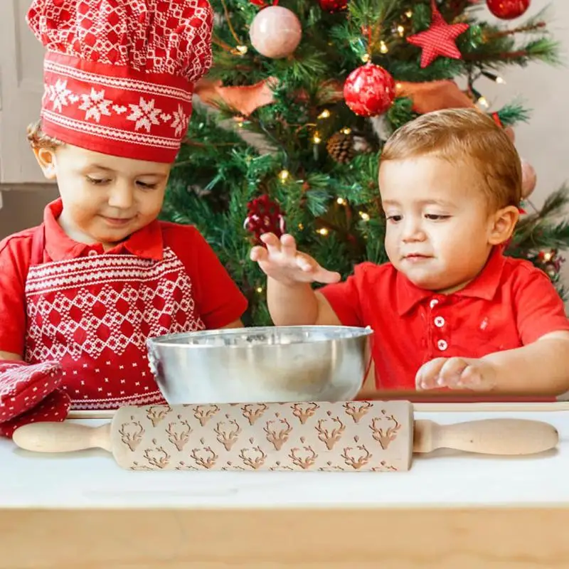 Рождественская рельефная деревянная скалка для выпечки печенья, печенья, торта, теста с гравировкой, деревянная резная палочка, кухонный инструмент для приготовления пищи