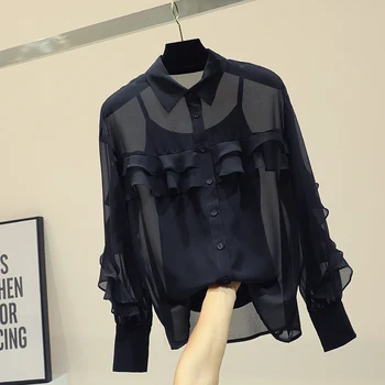 

Black Chiffon Blouse Woman Long Sleeve Chiffon Shirt Two-Piece Ladies Spring and Summer New Loose-Fit Flounced Black Tops Blusas