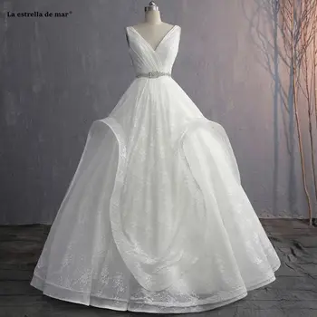 

ballgown wedding dress new lace lotus leaf V neck crystal vestido noiva princesa floor length vestido noiva simples mariage robe
