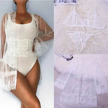 

Summer Suit Fashion Sexy New Hot Women Cardigan Bra Underwear Set Perspective Long Sleeves Cardigan Bra Underwear with Belt hh88