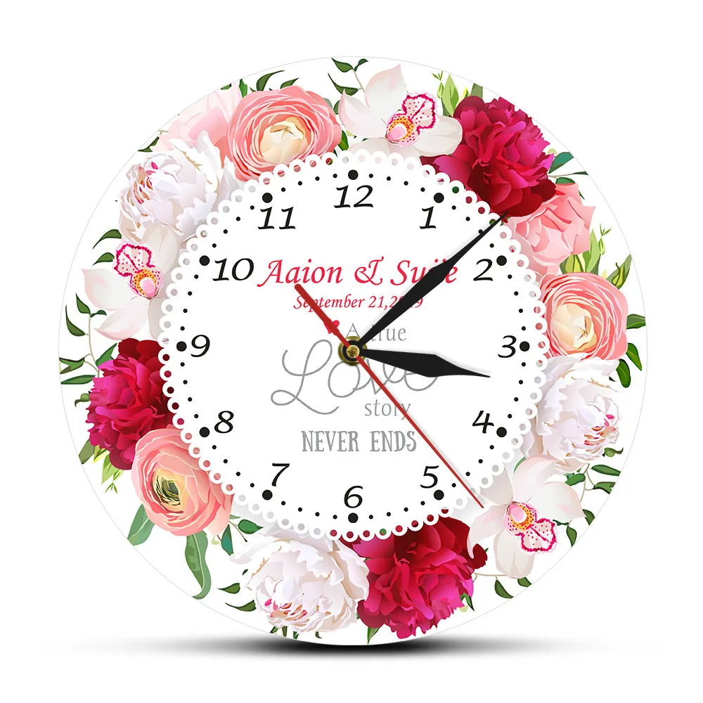 Настоящая история любви никогда не заканчивается пользовательское имя женатая Дата современные настенные часы юбилей Цветочные настенные часы индивидуальный свадебный подарок
