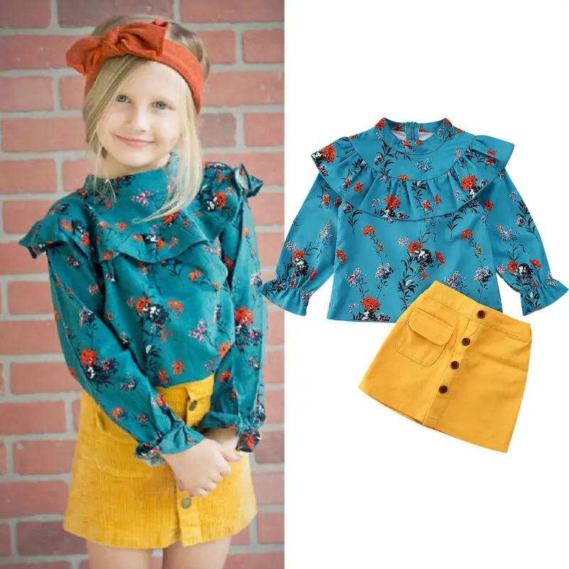 2019 Baby Spring Autumn Clothing Toddler Girl Ruffle Tops Floral Shirt+Button Mini Skirt Outfit Child 2Pcs Clothes Set 1-5T | Мать и