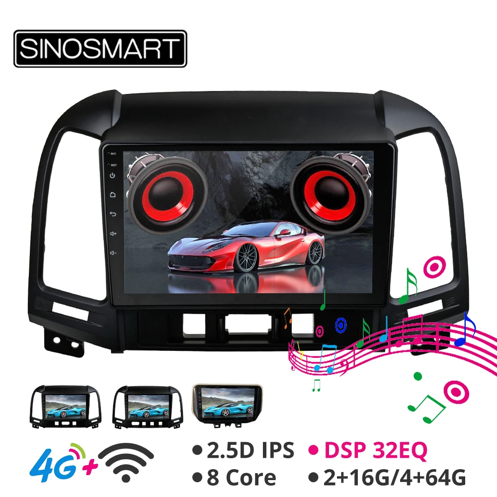 Clearance SINOSMART 2.5D IPS/QLED Screen 1G/2G Car GPS Navigation for Hyundai IX45 Santa Fe 2006-2012 32EQ DSP, 4G SIM Card Slot Optional 2