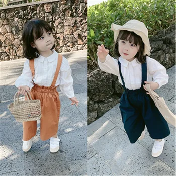 

2019 spring and autumn new girls suit doll collar shirt plus bib pants
