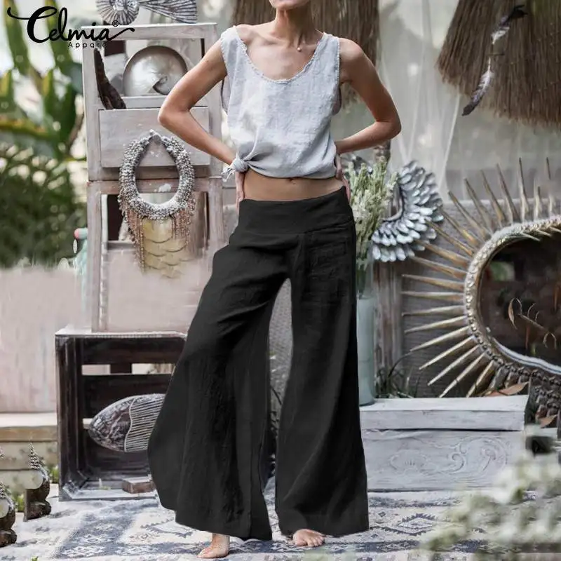 Oversized Long Pantalon Women Celmia Cotton Linen Solid Wide Leg Pants Casual Loose High Split Trousers Femme Streetwear Palazzo