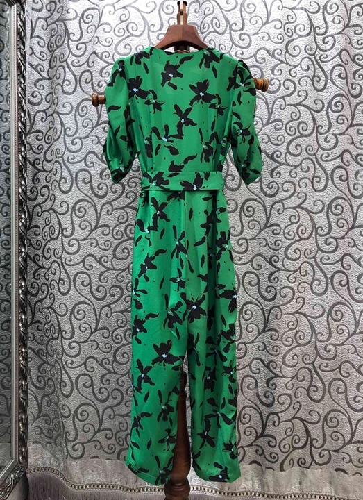 new winter women wrinkles sleeve V-neck lace waist print dress 1026