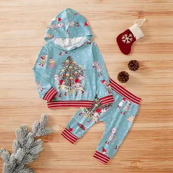 

Newborn Unisex Fashion Pullover Two Piece Infant Long Sleeved Christmas Tree Print Hooded Tops Trousers Baby Round Collar Sets