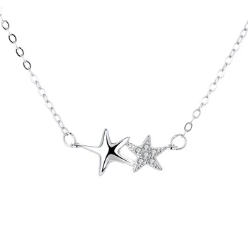 

FUN-BEAUTY Lady S925 925 Sterling Silver Double Star Necklace with Zircon Starfish Clavicle Chain A Gift for Girlfriend
