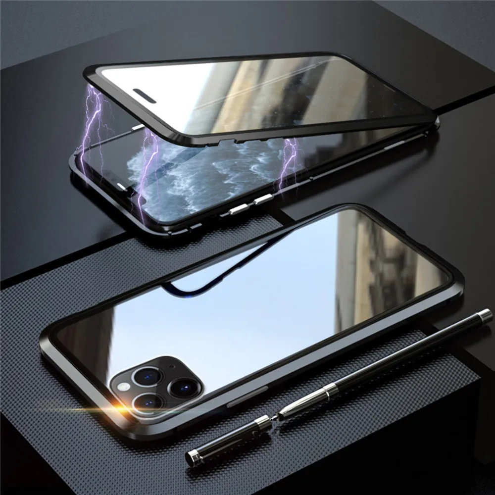 Для iphone 11 двухстороннее прозрачное закалённое стекло Магнето корпус телефона защитный чехол для iphone 11 Pro для iphone 11 Pro Max - Цвет: 11 Pro black