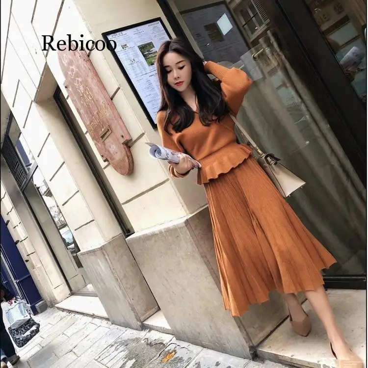 Knitting Pleated Skirt Suit Autumn Winter V Neck Sweater Pullovers Elastic Waist Long Skirt Sets 2 Piece Set - Цвет: Brown