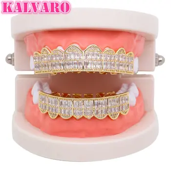 

Shining Hip Hop Grillz Iced Out AAA Zircon Square Mouth Teeth Grillz Caps Top & Bottom Grill Set Men Women Vampire Grills Gift