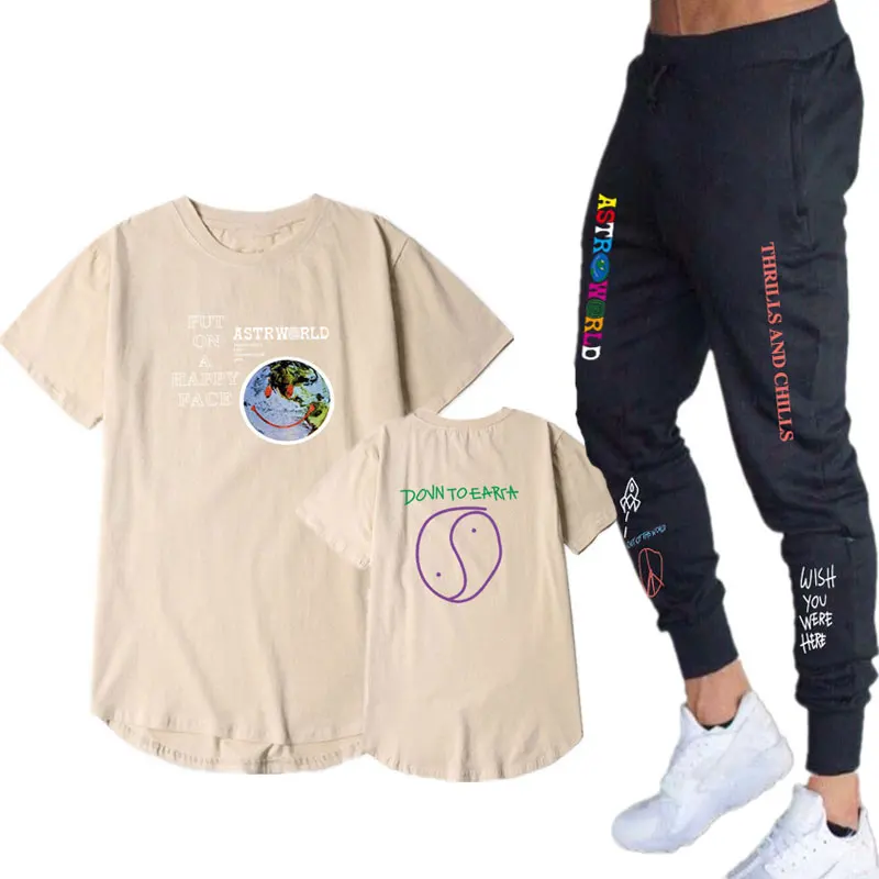 Трэвиса Скотта ASTROWORLD футболка Костюм Уличная для мужчин и женщин спортивный костюм хип-хоп удлиненный Круглый подол рубашка спортивные штаны костюм - Цвет: Khaki CT511CK0