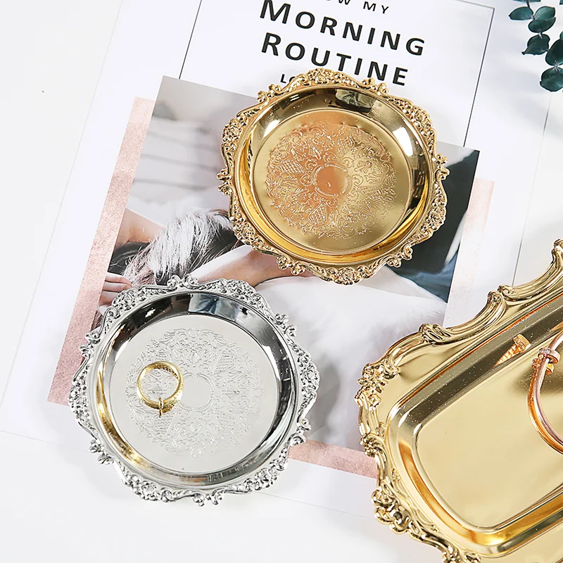 Gold Storage Tea Tray Set Stainless Steel Silver Cake Fruit Plate Jewelry Display Tray Wedding Dessert Plate Home Decor 1pc