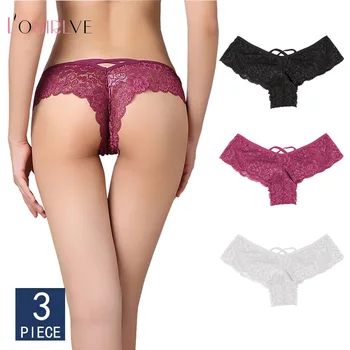 

Logirlve 3-pack Sexy Lace Ladies Thong Women Panties Cross Ribbon Low Waist Brief Sexy Transparent T-pants M L XL XXL Size Panty
