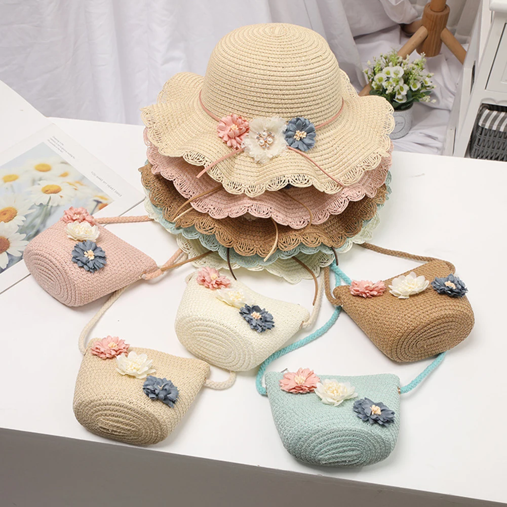 Summer Baby Flower Breathable Hat Straw With Handbag Bags Kids Boy Girls Sun Visor UV protection panama gorras | Аксессуары для