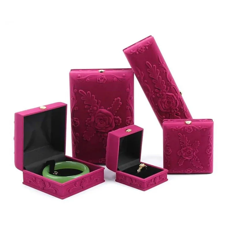 

1Piece Rose Red Embossed Rose Flower Black Inisde Jewelry Storage Box Ring Bracelet Necklace Pendant Packaging Gift Box