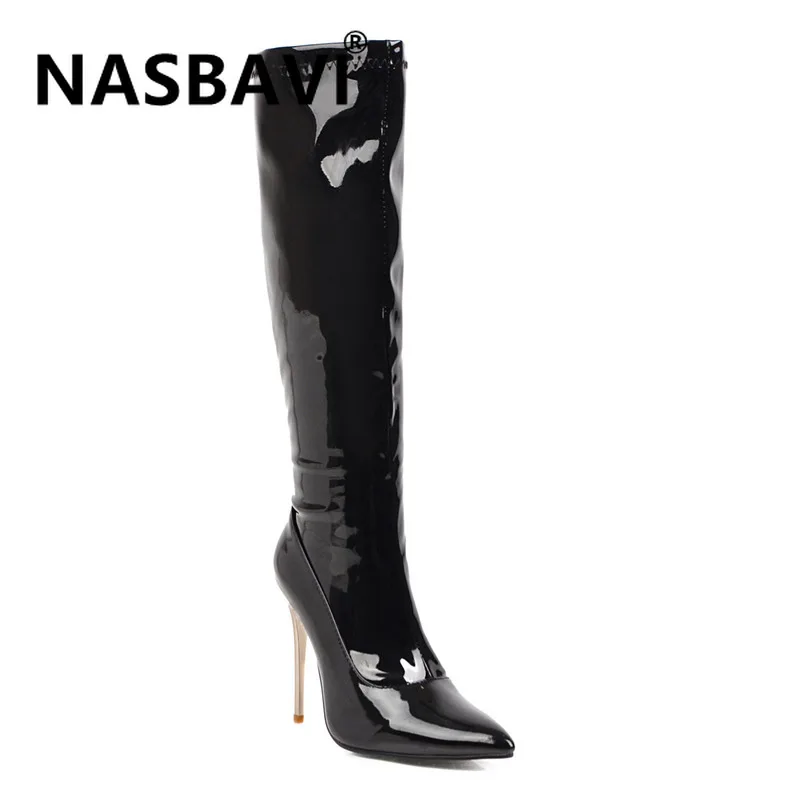 fashion thin high heels women knee high boots pu leather office ladies shoes spring autumn Zipper boots women size 34-43