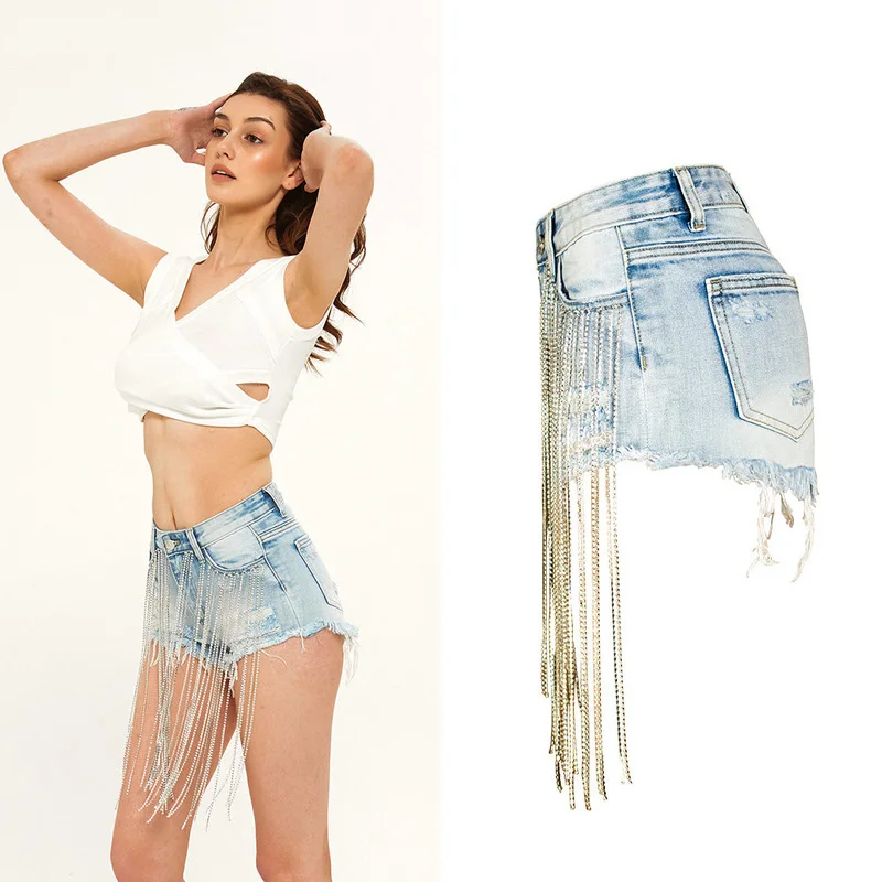

Summer New Wide Leg Long Tassel High Waist Tide Diamond Chain Denim Shorts Female Hot Jeans Shorts