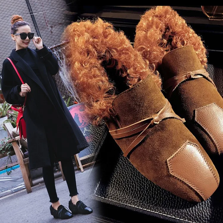 

Genuine Leather Loafers Wool Spring And Autumn Slip-on Casual Shoes WOMEN'S Shoes Winter Fluffy Shoes plus Velvet Loafers